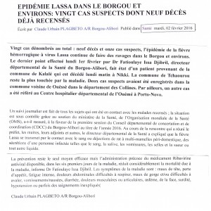 revue presse Bénin Lassa 2 fév 2016