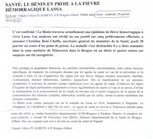 revue presse Bénin Lassa 29 janv 2016